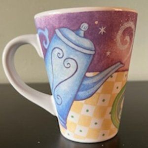 Tall Cozy Mug ~ Steaming Kettle, Cup & Cookies Scene ~ Starry Purple Background